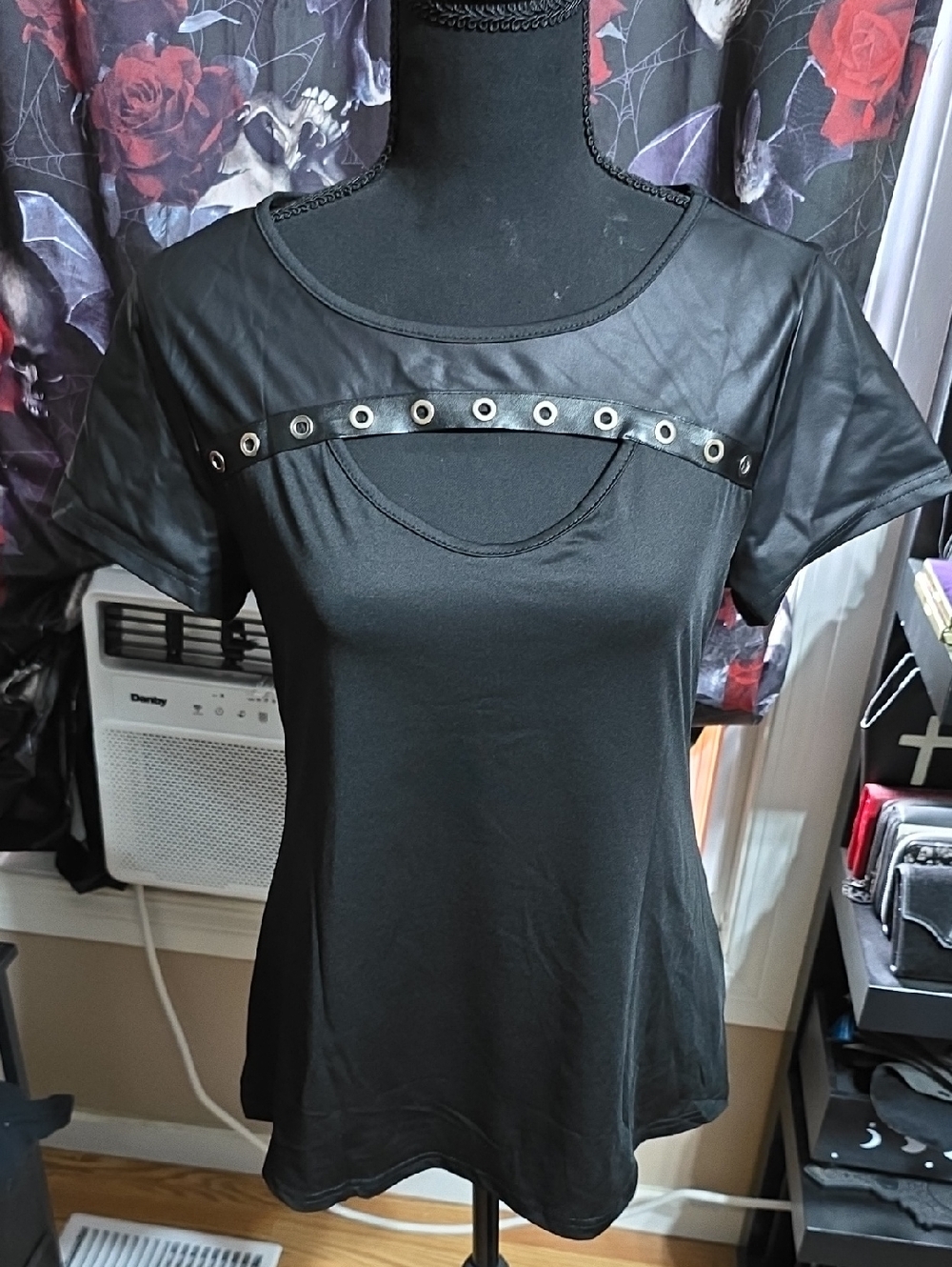 Black Eyelet Cutout Short Sleeve Women's Top